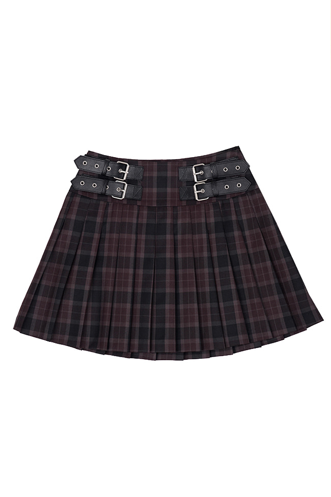 [2nd re-stock] 4BELTED PLEATED MINI SKIRT IN BURGUNDY CHECK