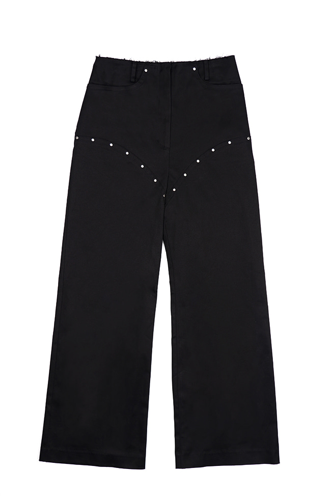 [5th re-stock] WAIST CUTTING RIVET WIDE FIT TROUSERS IN BLACK