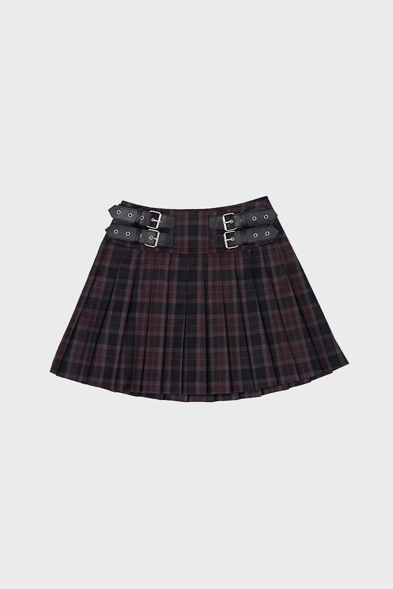 [2nd restock] 4BELTED PLEATED MINI SKIRT IN BURGUNDY CHECK
