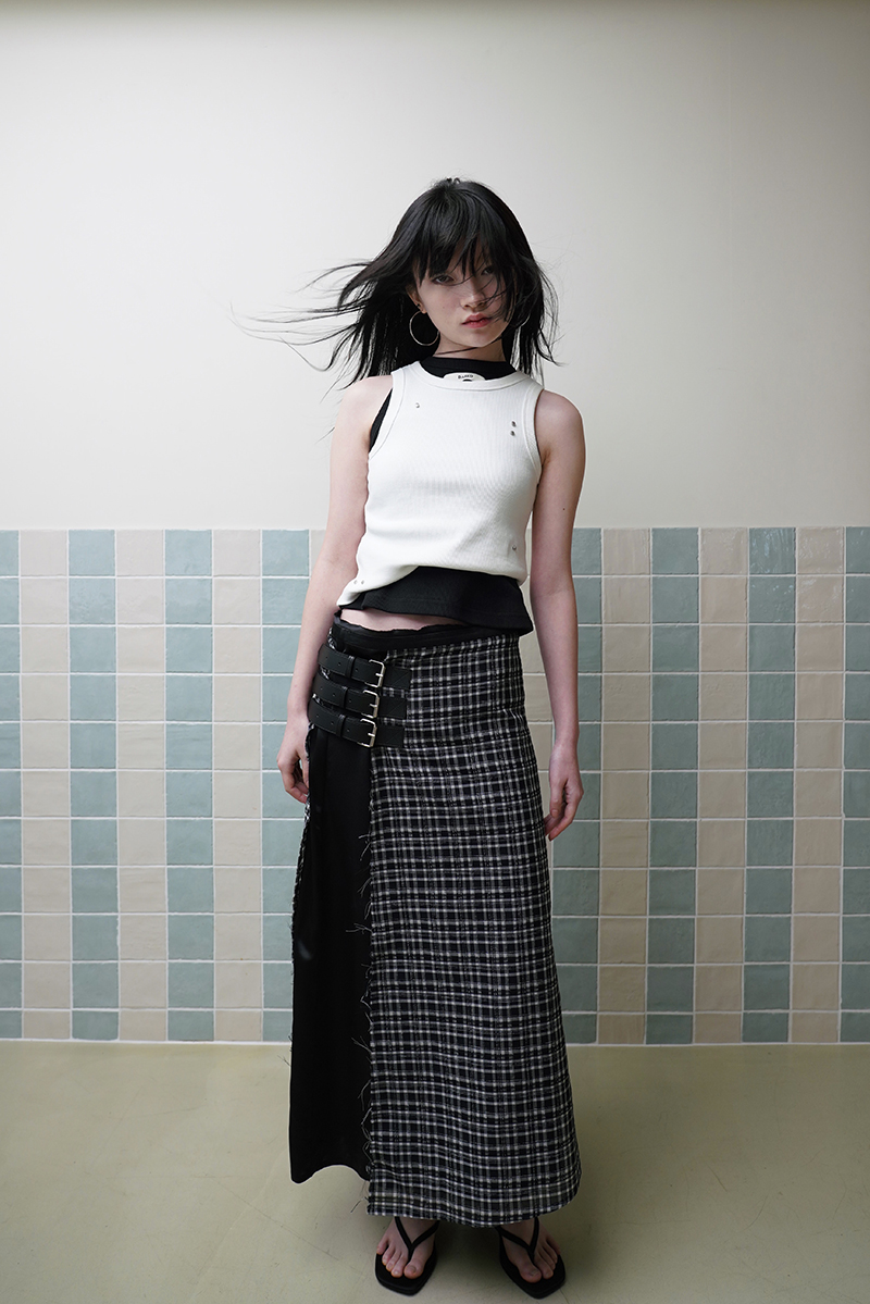 3BELTED LAYERED SKIRT IN CHECK/BLACK